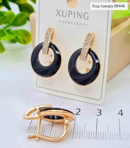 Сережки "Style" з Блискучими камінцями та Чорною емаллю, 2,2см, англійська застібка, Xuping 18К 119448 фото 2
