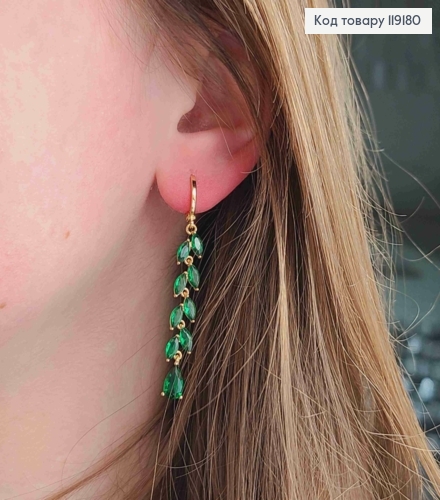 Серьги кольца (1,1см) с подвеской Веточка из Зеленых камешков (4,1см), Xuping 18K 119180 фото 2