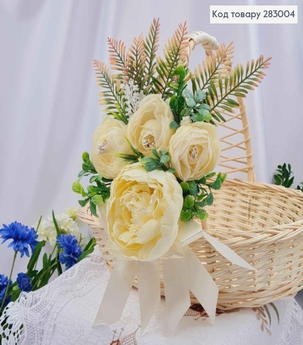 Пов'язка для кошика ПІОН молочний з квіточками та бантиком 20*16см, на зав'язках 283004 фото 2
