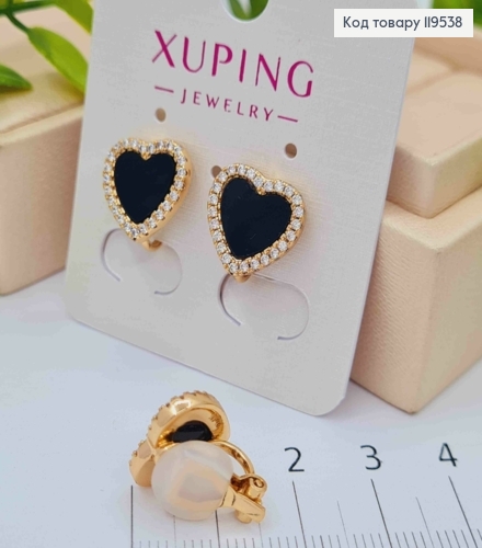 Серьги-клипсы "Сердце" с Черной эмалью и Камешками, 1,3см, Xuping 18K 119538 фото 2