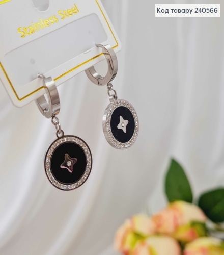 Сережки кільця, підвіска "LV" з чорною емаллю, в камінцях, 1,5см, срібного кольору, сталь Stainless  260040 фото 2