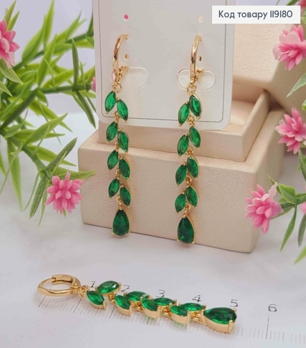 Серьги кольца (1,1см) с подвеской Веточка из Зеленых камешков (4,1см), Xuping 18K 119180 фото 4