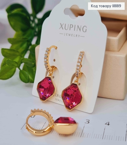 Сережки кільця (1,3см) з підвісним граненим Темно-Рожевим каменем Сваровскі (1,3см), Xuping 18К 118819 фото 2