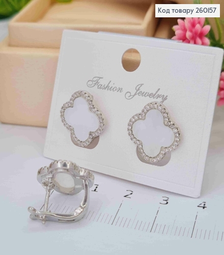 Сережки срібного кольору, Van Cleef з Перламутровою емаллю та камінням (1,5см), Fashion Jewelry 260157 фото 3