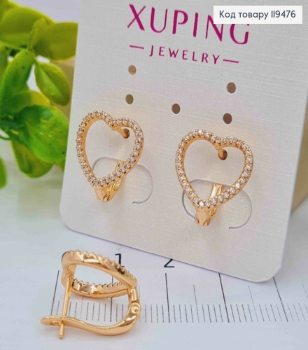 Сережки "Серця" з Блискучими камінцями, 1,3см, англійська застібка,  Xuping 18К 119476 фото 2