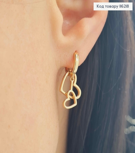 Сережки кільця 1см, з підвісками тоненькими сердечками Xuping 18K  116218 фото 2