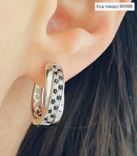 Серьги кольца родованные, с камешками в шахматном порядке, 1,7см. 180988 фото 2