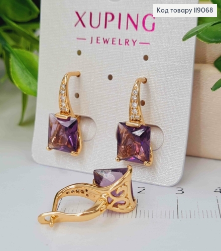 Сережки з Фіолетовим квадратним каменем, 2см, англійська застібка, XUPING 18K 119068 фото 2