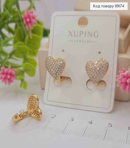 Серьги кольца (1,2см) "Сердце" украшены Блестящими камешками (1,1см), XUPING 18К 119174 фото 2