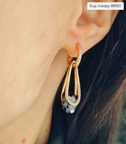 Серьги кольца (1,3см) со сменной  подвеской Яркий Черный Каменец (2,7см), Xuping 18К 118565 фото 3