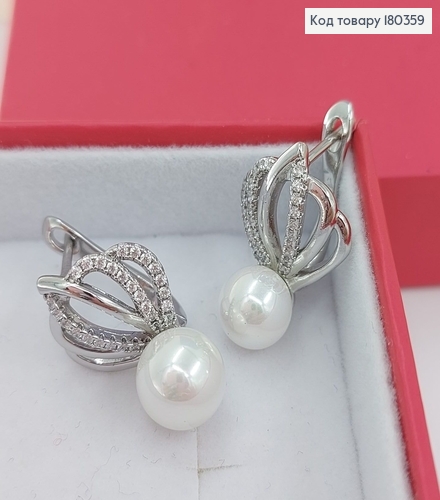 Сережки Корона з перлинкою та камінцями родоване медзолото Xuping 180359 фото 2