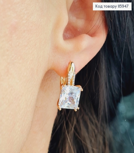Сережки, з петелькою та великим квадратним камінцем, англ. заст. Xuping 18K 115947 фото 2