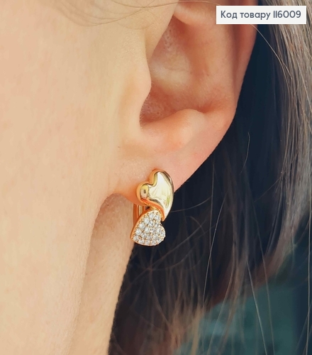 Сережки "Два серця" в камінцях, 1,5см, англ. застібка, 18K 116009 фото 2