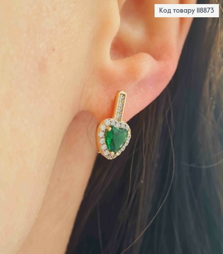 Серьги "Горячее Сердце" с Зеленым камнем в оправе из камней, 1,6см, английская застежка, Xuping 18К 118873 фото 2