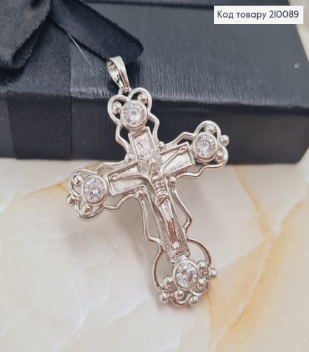 Хрестик з розп'яттям 4х3,5 см родіроване з камінцями Xuping  210089 фото 2