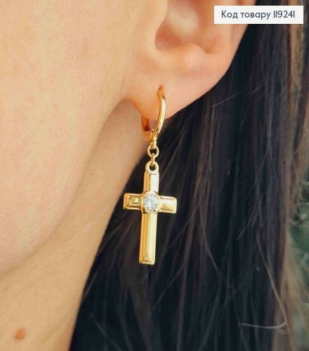 Сережки кільця з підвіскою Хрестик з камінцем (2,2*1,2см), діаметр 1,1см,  Xuping 18K 119241 фото 2