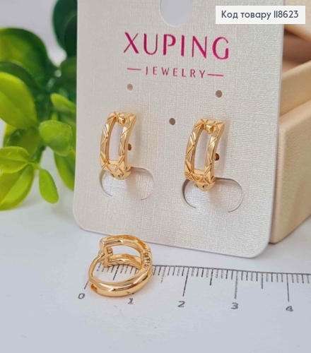 Сережки кільця з різбленням, ширина 6мм, діаметр 1,4см, Xuping 18К 118623 фото 2