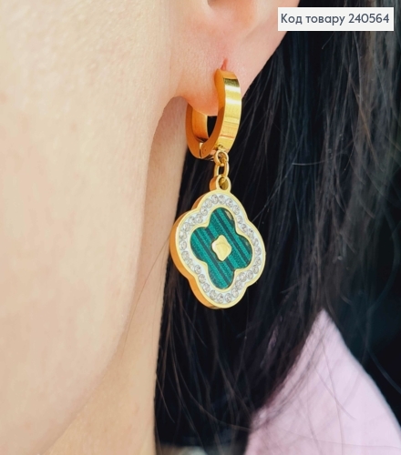 Сережки кільця, підвіска "Van Cleef" з зеленою емаллю, в камінцях, 1,5см, лимонні, сталь Stainless S 260038 фото 3