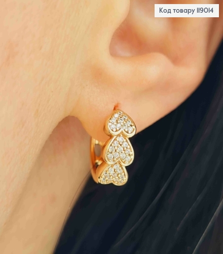 Сережки-кільця (1,3см) "Три серця" в камінцях (0,6см) ,Xuping 18K 119014 фото 2