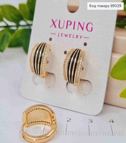 Сережки кільця з Камінцями та Чорною емаллю, діаметр 1,6см, Xuping 18К 119029 фото 2