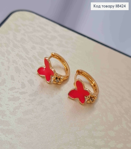 Серьги кольца "Бабочка" на цветке, с розовой эмалью, диаметр 1,3см, Xuping 18К. 118424 фото 2