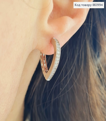 Серьги кольца родованные, в виде сердечек, с камешками, 1,8см. Xuping 180994 фото 2