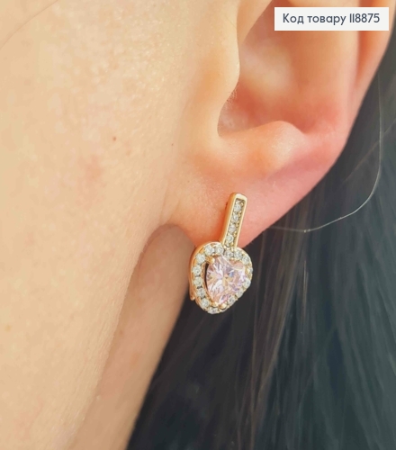 Серьги "Горячее Сердце" с Розовым камнем в оправе из камней, 1,6см, английская застежка, Xuping 18К 118875 фото 2