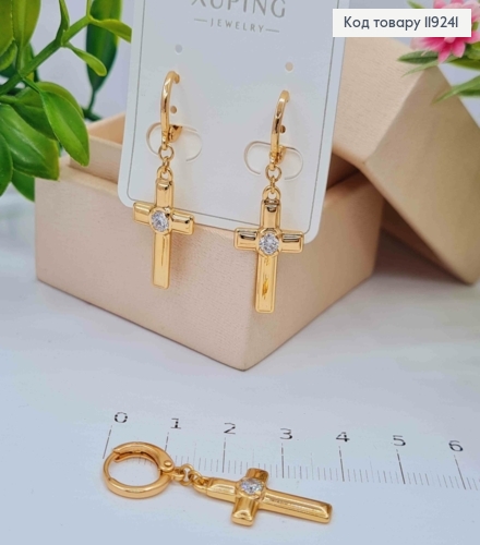 Сережки кільця з підвіскою Хрестик з камінцем (2,2*1,2см), діаметр 1,1см,  Xuping 18K 119241 фото 3