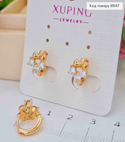 Сережки кільця БАНТИКИ з трьома камінцями, діаметр 1,3см,  XUPING 18K 119147 фото 2