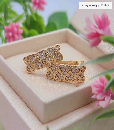 Сережки Прямокутні з Серцями та Блискучими камінцями, 1,7см, англ. застібка,  XUPING 18К 119162 фото 4
