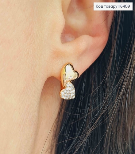 Сережки "Два сердечка" в камінцях, 1,5см, Xuping 18K 116409 фото 2