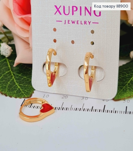 Сережки кільця Серце з Червоною емаллю, 1,5см,  Xuping 18K 118900 фото 2
