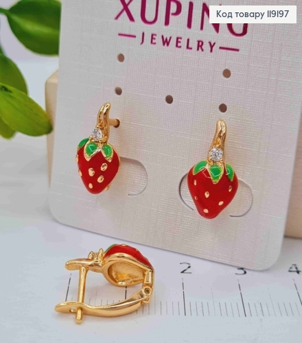 Сережки "Полуничка" з Червоною емаллю та Камінчиком, 1,5см, англійська застібка,  Xuping 18K 119197 фото 2