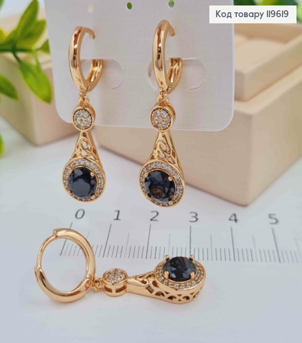 Сережки кільця (1,3см) з рухливою підвіскою з Чорним каменем, 2,3см, Xuping 18К 119619 фото 2