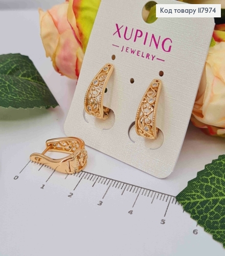 Серьги овальные "Ажурные" украшены камешком, 1,7см, английская застежка, Xuping 18K. 117974 фото 2