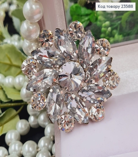 Брошка метал Цветок серебро с камушками 5,5х5,5см 235188 фото 2