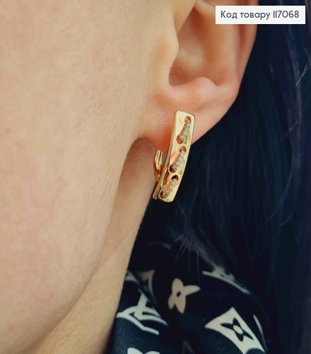 Серьги, пластинки с тремя стежочками в камешках, 2см, Xuping 18K 117068 фото 2