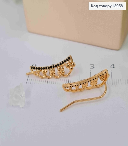 Серьги крючки с черными камешками и цветами, 2,1см, Xuping 18K 118938 фото 2