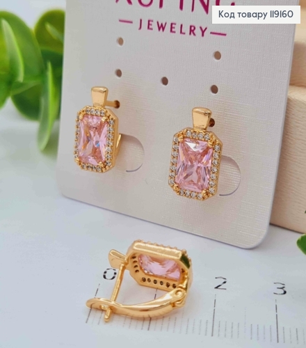 Серьги с Большим Розовым камнем в оправе из камешков, 1,4см, англ. застежка, Xuping 18К 119160 фото 3