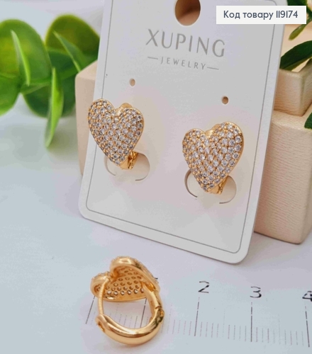 Сережки кільця (1,2см) "Серце" прикрашені Блискучими камінцями (1,1см),  XUPING 18К 119174 фото 2
