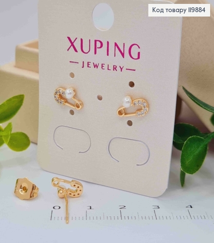 Серьги гвоздики "Шпилька" с Блестящими камешками и Жемчужиной, размером 1см, Xuping 18K 119884 фото 2