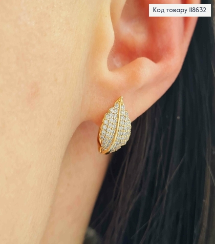 Серьги "Листочек" украшены Блестящими камешками, 1,5см, английская застежка, Xuping 18К 118632 фото 2