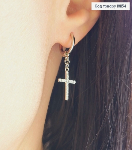 Серьги кольца 1см, с подвесками Крестиками 1,5см, в камнях, Xuping 181154 фото 2