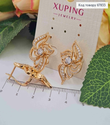 Серьги "Звездный Цветок" с Блестящими камешками, длина 2,8см, английская застежка, Xuping 18K 117833 фото 3