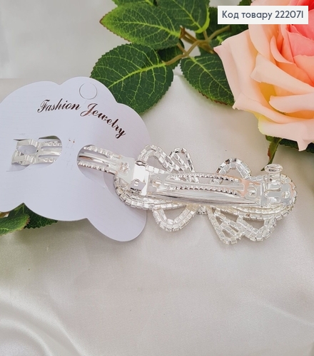 Заколка метал автомат 9см Бантик в камнях (серебряного цвета ) 222071 фото 2