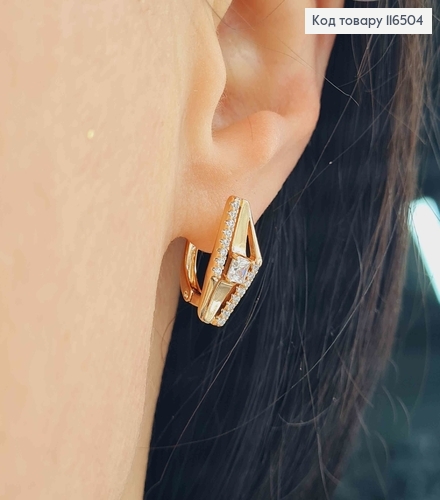 Серьги ромбики, с камешком, 1,7см, англ. зам, Xuping 18К 116504 фото 2