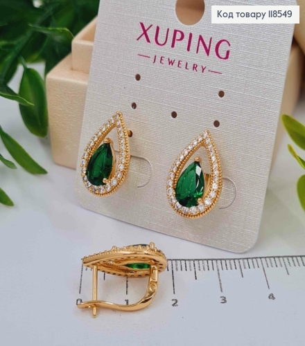 Сережки "Хюррем" прикрашені Зеленим каменем в оправі з камінців, 1,7см, англ. застібка, Xuping 18К 118549 фото 2