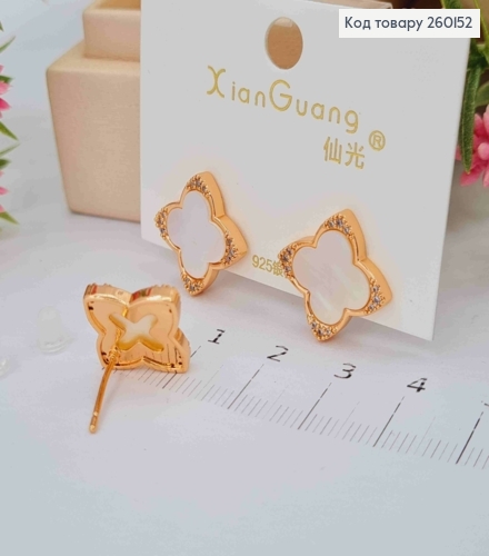 Серьги гвоздики медного цвета Van Cleef с перламутровой эмалью и камнями, 1,6см, сталь XianGuang 260152 фото 3