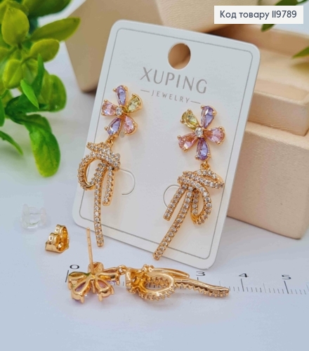 Серьги гвоздики "Цветок с Узелком" с Цветными камешками, размер 1,2+2,4см, Xuping 18K 119789 фото 2