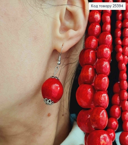 Серьги крючки из Деревянных бусин, Красного цвета, 2,4см, Ручная работа 25394 фото 2